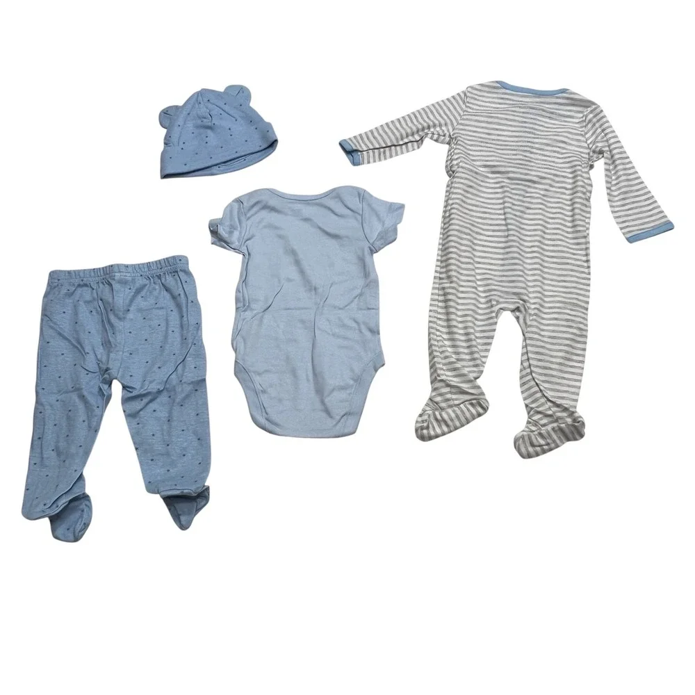 Children's Place 0-3M Baby Blue Elephant 4pc Outfit Set Hat Pants Bodysuit India
